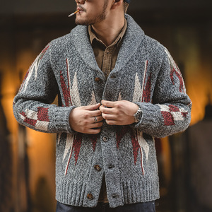 马登工装美式复古印第安纳瓦霍开衫毛衣男翻领外穿加厚针织衫外套