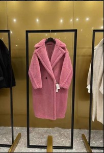 折扣村2024年秋冬新款女士直筒保暖中长款粉色羊羔绒泰迪大衣外套