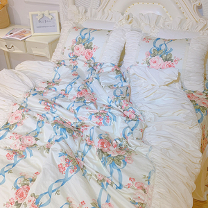 韩国普罗旺斯花园褶皱泡泡床裙式纯棉印花高端田园欧式床品四件套