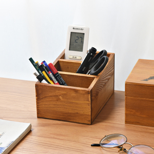 复古zakka杂货三格收纳盒实木桌面手机遥控器整理盒文具笔筒木盒