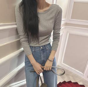 韩国正品女装代购 Partysu 2024春款 Tray灰色女人长袖贴身T恤