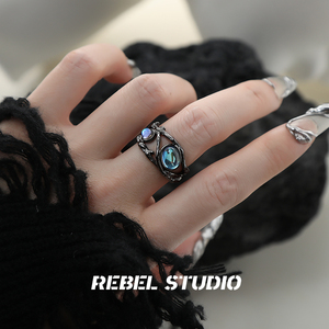 rebel studio原创设计月光石戒指小众个性欧美复古开口指环男女酷