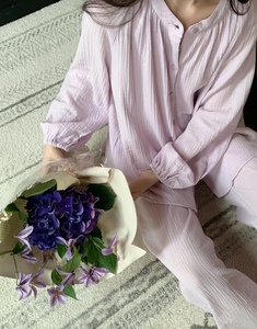 洛可可睡衣女长袖长裤婴儿棉纱双层100%纯棉紫色中式家居服小红书