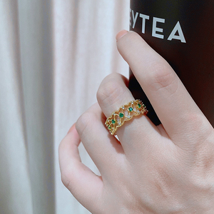 复古宫廷祖母绿色合成锆石花朵金属蕾丝戒指小众设计感开口指环女