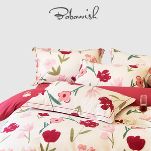 英国BOBOWISH 全棉磨毛四件套ins风玫红色花卉床单床笠床上用品