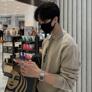 韩国流行新款薄款毛衣男POLO衫长袖简约上衣韩版套头针织衫T恤