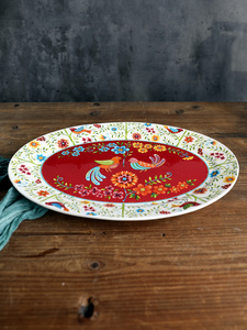 美式乡村陶瓷餐具一托盘加四个杯子组合 红鸟陶瓷大椭圆鱼盘托盘