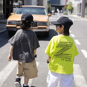 博博猪童装 儿童立体手绘字母T恤2024夏季夏装简约日系风男童上衣