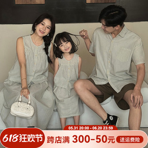 日系亲子装一家四口家庭服装2024新款甜美无袖背心母女款两件套装