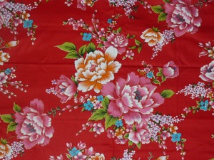 台湾新款植物花卉特色客家花布纯棉布料牡丹系列大红色160cm宽幅