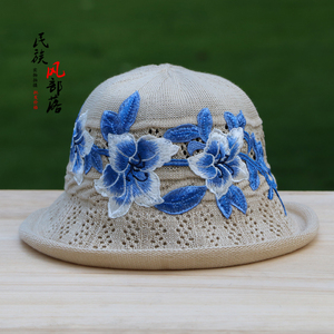 新款春季夏天民族风绣花可折叠帽女针织毛线帽防晒显瘦沙难盆帽子