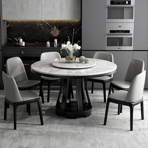 现代简约亮光岩板圆餐桌椅组合家用大小户型北欧实木饭桌子带转盘