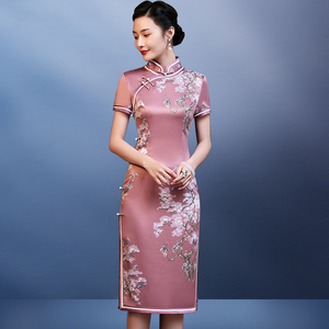 老上海丝绸中年双层印花红色婚礼妈妈喜婆婆婚宴装改良旗袍礼服女