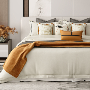 新中式床品古典轻奢橙色软装复古中式喜上眉梢刺绣高端样板间床品