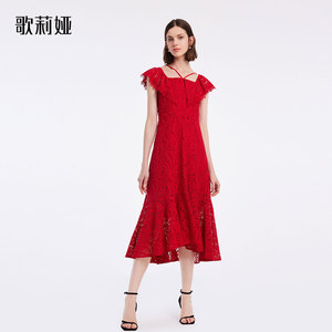 【礼遇价】歌莉娅红色中式蕾丝连衣裙夏装女露肩法式气质1B5R