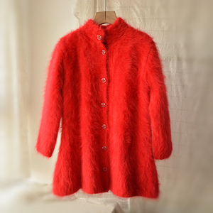 收藏级高品质粗纱少掉毛粗线手织加厚大红正红长兔毛开衫外套毛衣