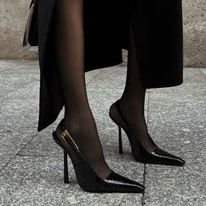 2024新款金属皮带扣鳄鱼皮凉鞋女性感黑丝方头一字扣带细跟高跟鞋