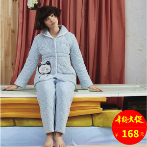 佰伦世家冬季加厚珊瑚绒夹棉可爱女士套装睡衣家居服 44A1148