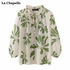 拉夏贝尔/La Chapelle夏季复古法式系带花边九分灯笼袖衬衫女衬衣