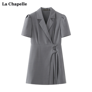拉夏贝尔/La Chapelle双扣西装短袖外套女翻领ol风时尚中长款西服