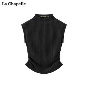 拉夏贝尔/La Chapelle新款半高领小飞袖修身针织T恤女无袖上衣夏