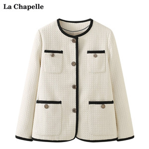 拉夏贝尔/La Chapelle春季新款撞色小香风气质外套女圆领呢子上衣