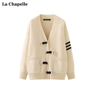 拉夏贝尔/La Chapelle减龄V领小熊针织开衫女红色宽松厚毛衣外套