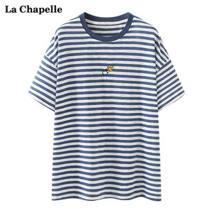 拉夏贝尔/La Chapelle夏新款笑脸条纹T恤女宽松显瘦圆领休闲短袖