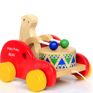 儿童益智力木质拖拉学步车2-3-6岁宝宝拉线小拖车玩具小熊敲鼓车