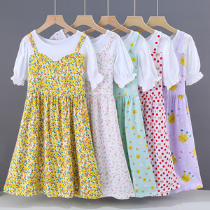 女童洋气夏季童装儿童连衣裙中大童女孩棉绸薄款短袖假两件裙子