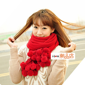 韩版冬季保暖仿羊绒围巾大红色20个球球超长毛线围脖黑色粉色