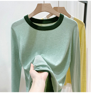 绿色长袖针织衫t恤春季新款女装2024圆领别致韩版上衣撞色小香风