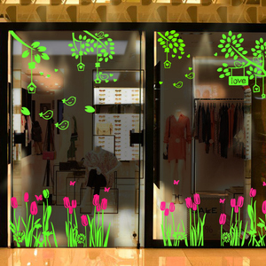 春夏天装饰服装鞋包商场店橱窗玻璃贴纸画创意郁金香花树叶和小鸟