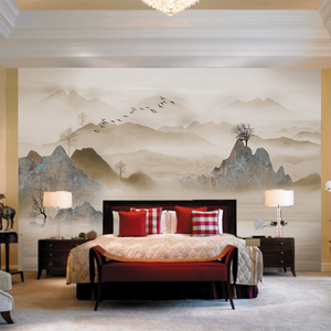 3d新中式宣绒布喷绘水墨画山水墙纸茶室书房定做打印壁画墙布客厅