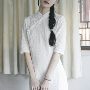 白色纯棉改良旗袍新中式连衣裙女装日常中国风扎染修身棉麻春夏