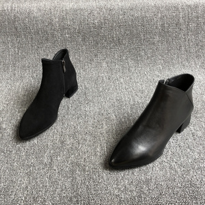 工厂外贸真皮女鞋2019年秋季新款牛皮尖头拉链粗跟羊反绒女短筒靴