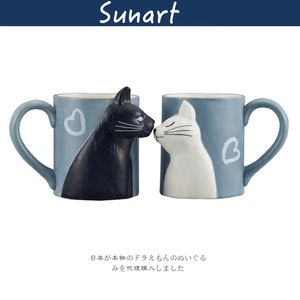 日本sunart正版猫咪接吻陶瓷杯马克杯水杯咖啡杯情侣杯一对高级感