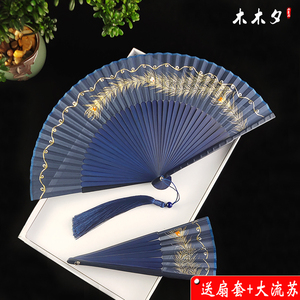 中国风扇子折扇孔雀翎羽毛造型扇子古典古风女式折叠随身真丝竹扇