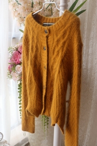 姜黄色格菱加厚粗线编织超柔软高品质开衫显瘦新品毛衣安哥拉兔毛
