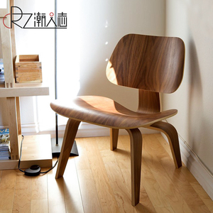 北欧弯曲木板矮凳子简约个性实木咖啡椅轻奢复古真皮休闲椅子LCW