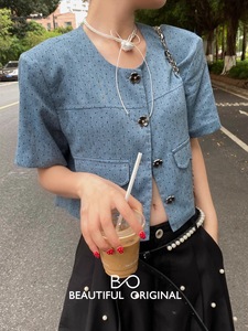 B-O 法式宽松复古圆点短袖上衣24夏季新款小众衬衫女百搭短款外套