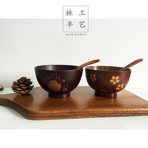 包邮天然环保日式木碗套装 创意卡通龙猫饭碗 家用餐具送木勺子
