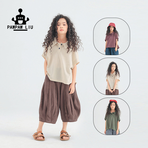 Pawpaw liu原创设计儿童短袖男童夏装洋气T恤日系女童文艺polo衫