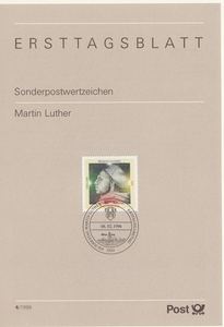 德国纪念戳卡1996：欧洲宗教改革倡导者马丁·路德，戳图：城徽