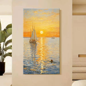 一帆风顺奶油风手绘油画海上日出客厅装饰画肌理抽象风景玄关挂画