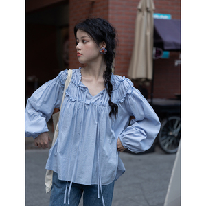 觅定蓝色衬衫女秋季法式气质独特别致设计感小众衬衣初秋长袖上衣
