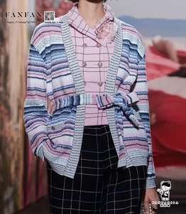 Chanel/香奈儿 24SS春夏系列 蓝粉色条纹腰带针织开衫外套