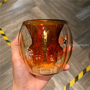 正品星巴克杯子2019万圣节橘色猫爪双层玻璃杯耐热水杯透明咖啡杯