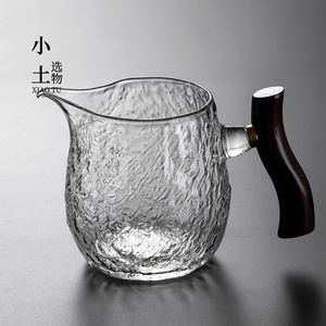 日式加厚锤纹玻璃公道杯高档分茶器带手柄木把茶海单个大容量茶具