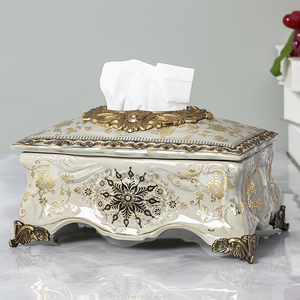 别墅样板房陶瓷合金纸巾盒 欧式奢华美式客厅茶几装饰抽纸盒摆件